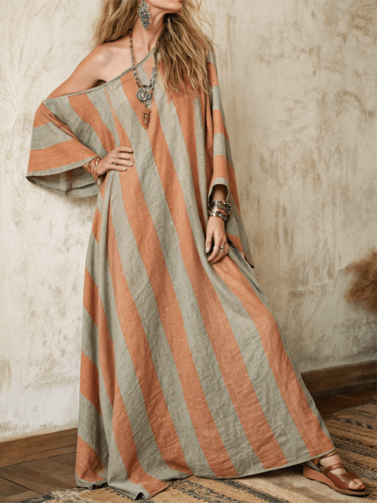 Nomad Spirit Ladies' Colorful Stripe Art Linen Long Kaftan Dress elevenforest