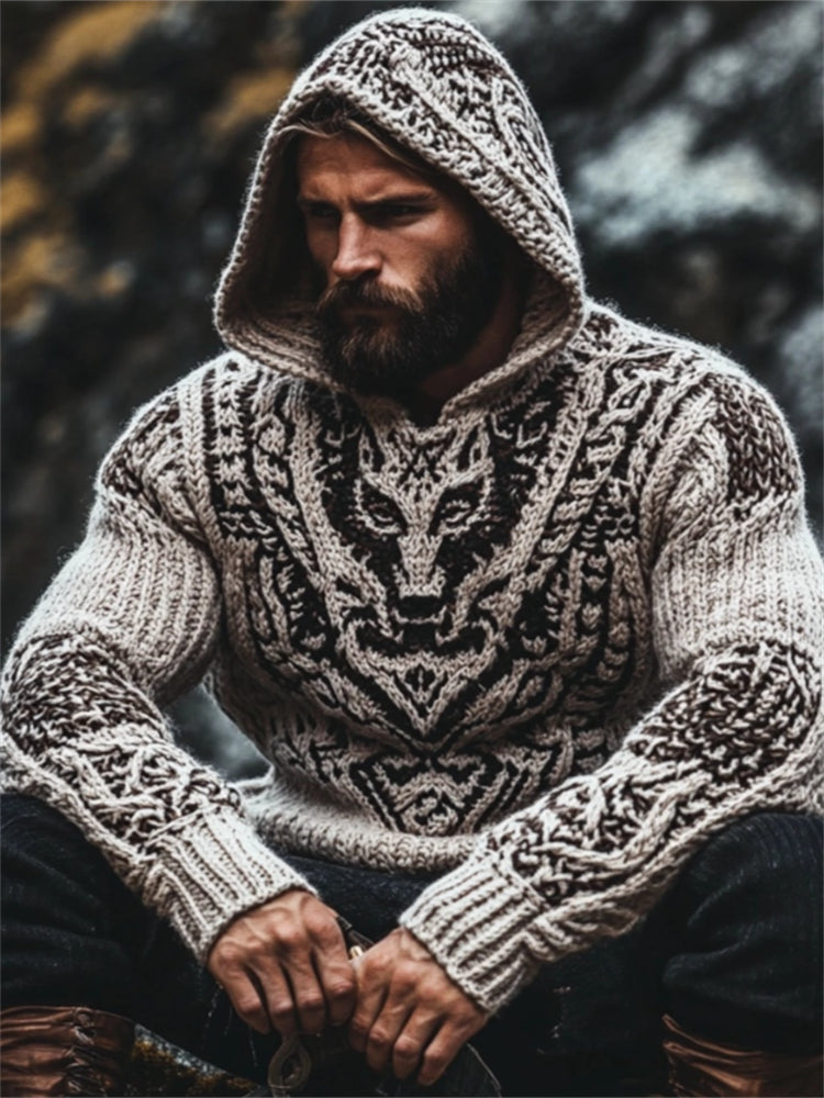 Men's Wolf Inspired Viking Runes Chunky Hooded Sweater elevenforest
