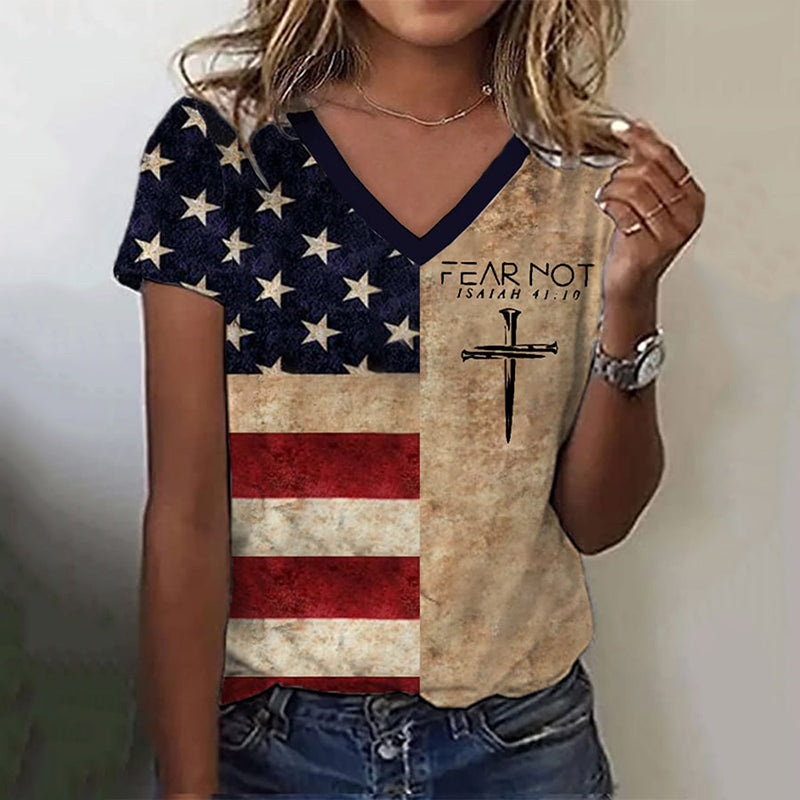 Comstylish Women's Fear Not Vintage Flag Print V Neck T-shirt