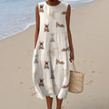 Comstylish Retro Cute Dog Prints Linen Tank Midi Dress