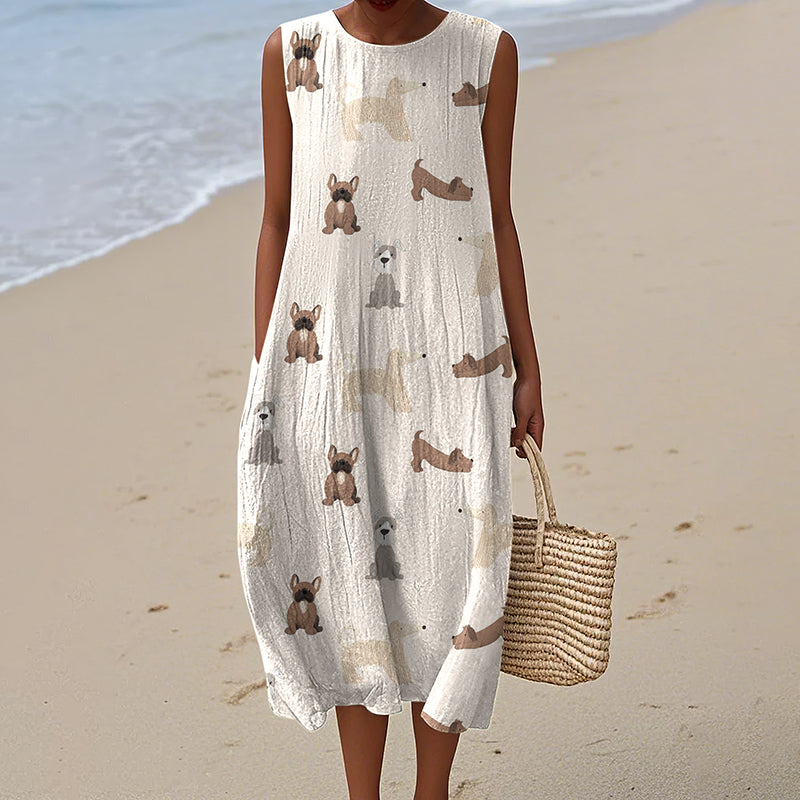 Comstylish Retro Cute Dog Prints Linen Tank Midi Dress