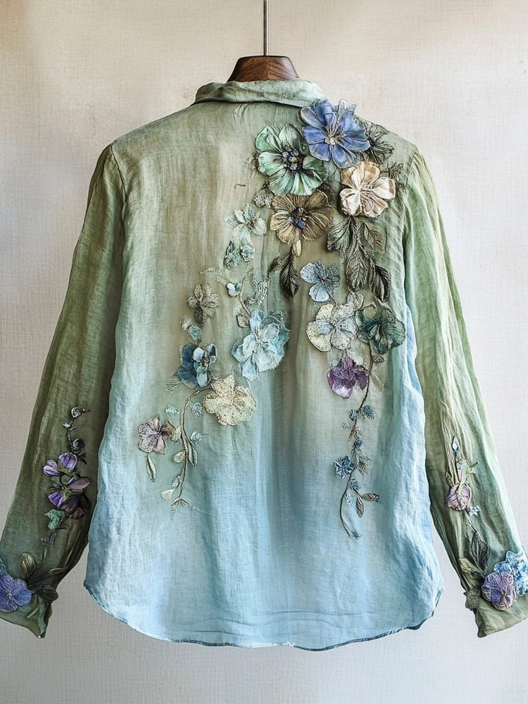 Forest Floral Lace Art Gradient Women's Long Sleeve Blouse elevenforest