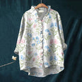 Elegant Floral Patchwork Pattern Art Linen Ruffle Shirt elevenforest