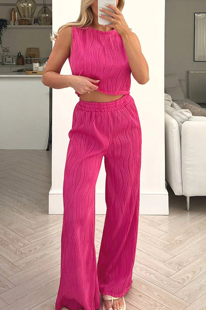 Color Water Wave Crew Neck Tank Top and Elastic Waist Straight Pants Set