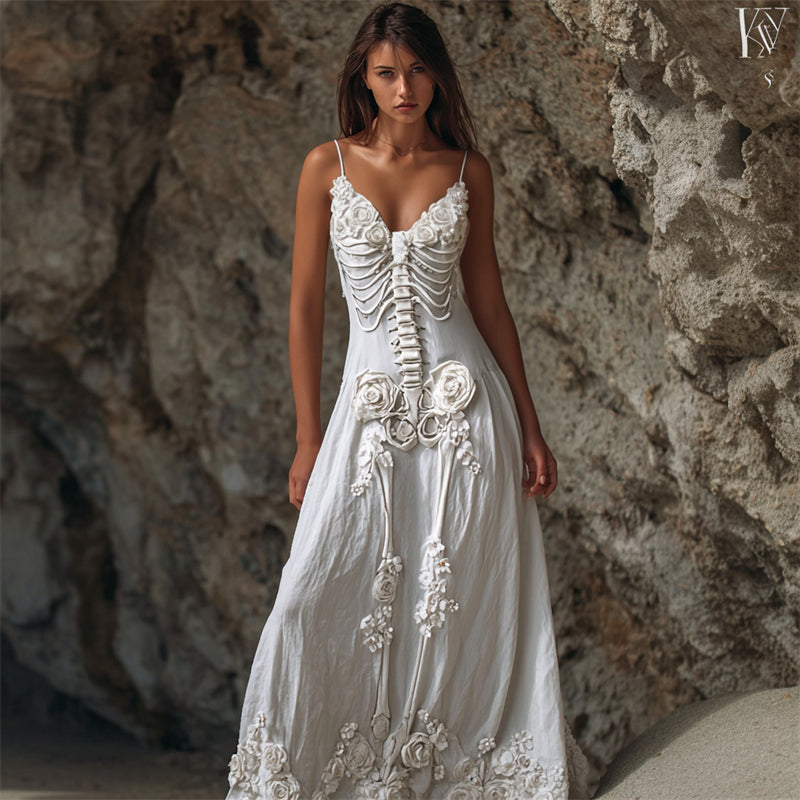 Vintage Skeleton White Roses Linen Cami Maxi Dress elevenforest