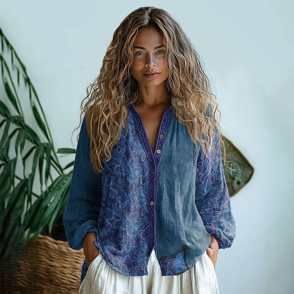 Bohemian Style Linen Floral Art Print Long Sleeve Shirt elevenforest