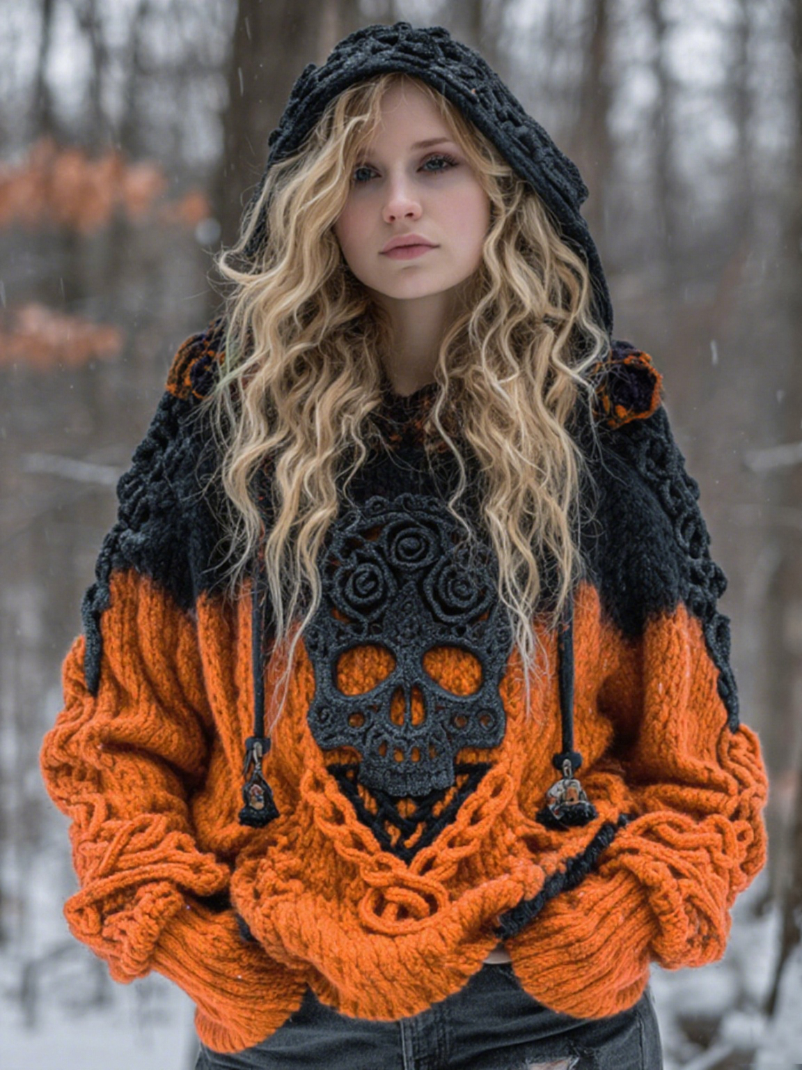 Women's Vintage Viking Tribal Celtic Skull Gradient Art Chunky Knit Hooded Sweater elevenforest