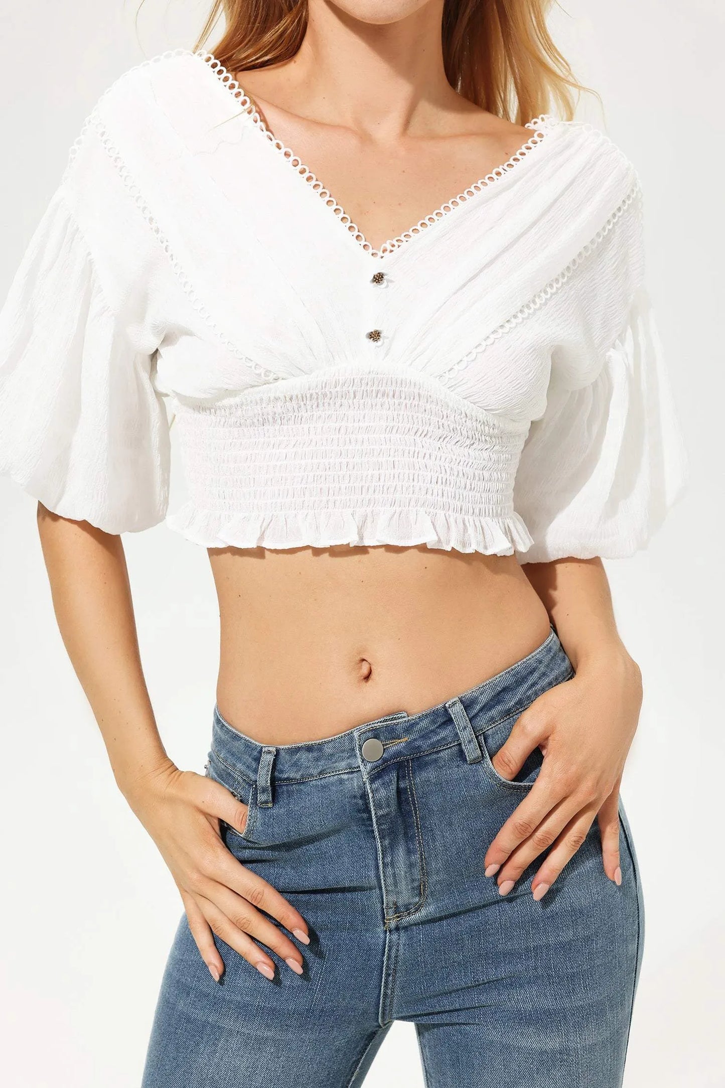 Mid Sleeve V-neck Top White