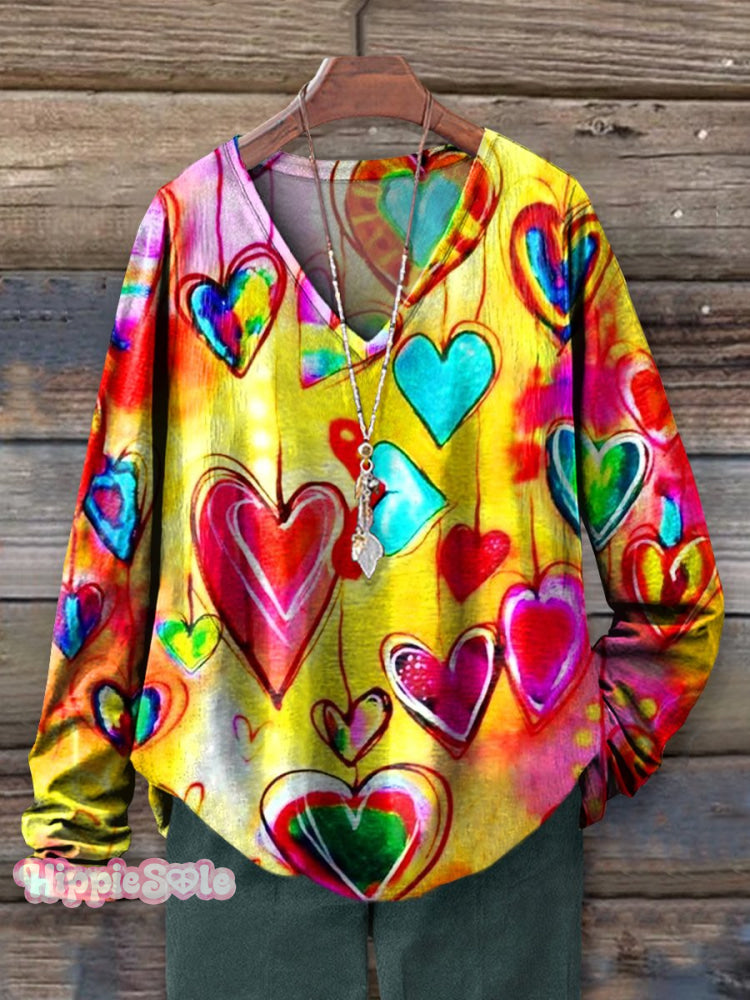 Women's Colorful Heart Love Art Print 100% Cotton Casual V-neck Long S