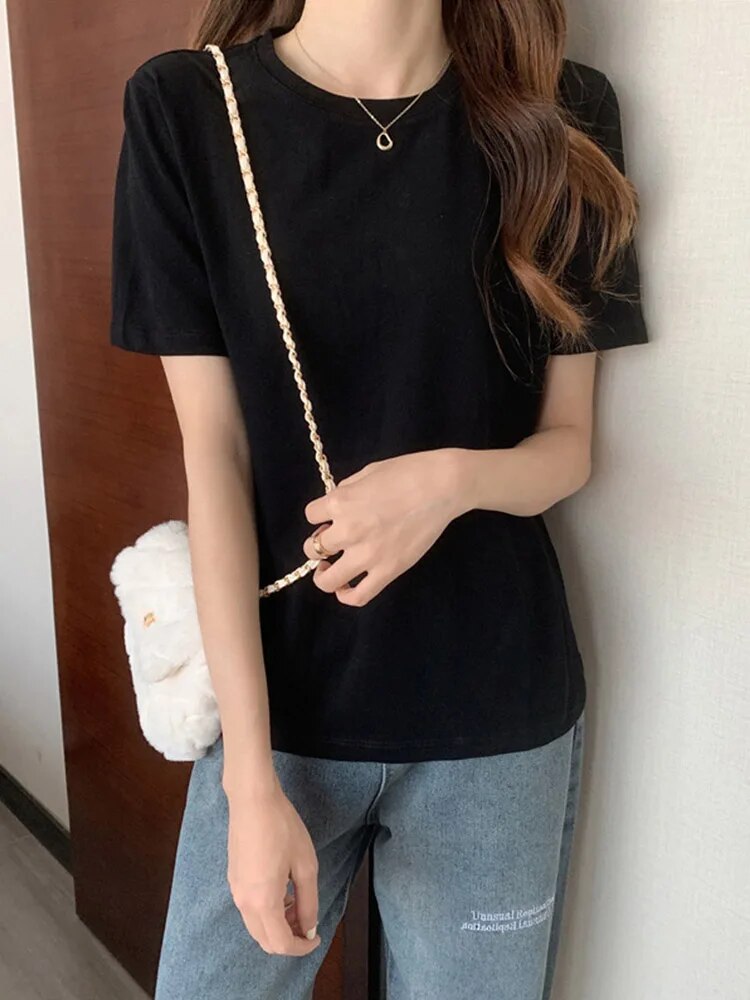 ’s T-shirt Korean Loose O-neck Basic Tops Female Spring White Black Tee Shirts