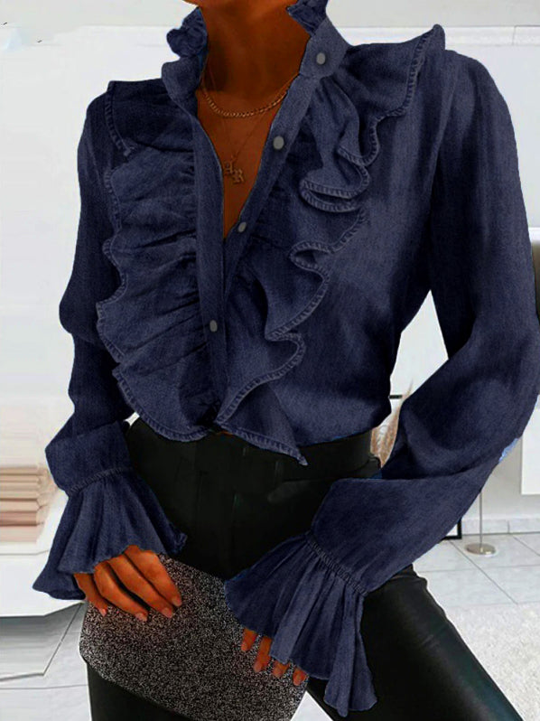 Flared Sleeves Falbala Color Stand Collar Blouses&shirts Tops