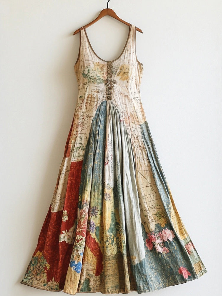 Retro Floral & Map Patchwork Linen Tank Dress elevenforest