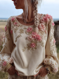Bohemian Style Round Neck Long Sleeve 3d Floral Design Women's Top elevenforest
