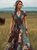 Bohemian Style Retro Floral Pattern Women's V-neck Dress elevenforest