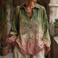 Women's Vintage Viking Tree Of Life Gradient Linen Shirt elevenforest