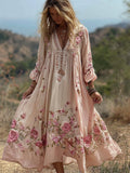 Vintage Boho Pink Roses Embroidered Lace Linen Maxi Dress elevenforest
