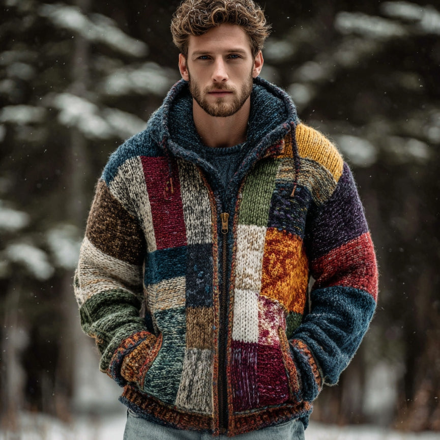 Men's Geometric Block Patchwork Color Knitted Zipper Hooded Sweater artswardrobe