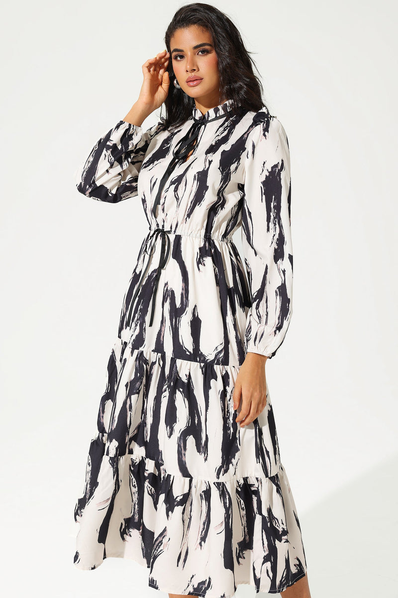 Printed Long Sleeve Crew Collar Lace Up Midi Dress