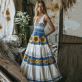 Boho Sunflower Embroidered Pattern Lace Linen Dress elevenforest