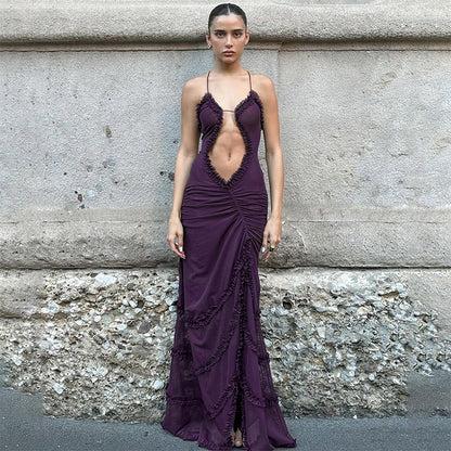 Noble Furry Halter Sleeveless Hollow Dress Camisole Shrunk Split Wave Cut Dress Prom Occasion Evening Gown