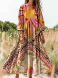 Women's Vintage Ethnic Floral Art Print Flowy Cotton Crew Neck Dress