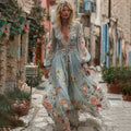Women's Vintage Floral Art V-neck Casual Long Sleeve Maxi Dress