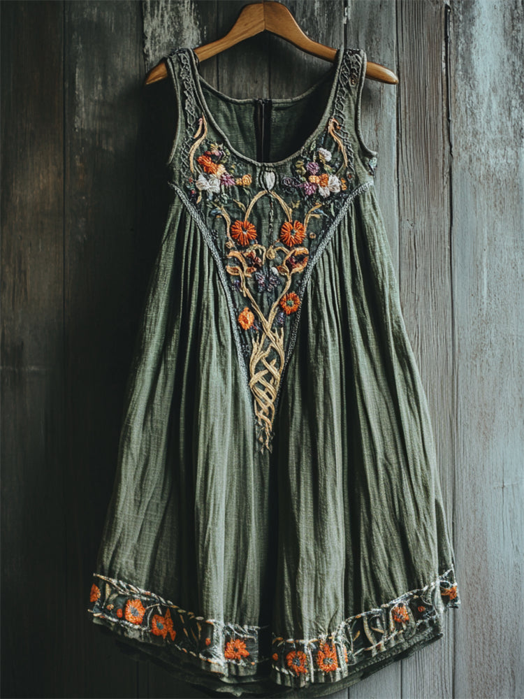 Vintage Cottage Floral Embroidered Linen Tank Dress elevenforest