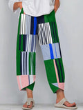 Women's Vintage Contrast Striped Pattern Linen Blend Pants elevenforest