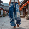 Japanese Style Traditional Sashiko And Wave Patchwork Art Pattern Casual Linen Pants elevenforest