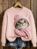 Comstylish Cozy Cat Embroidered Pink Knit Sweater
