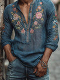 Men's Vintage Floral Embroidered Comfy Linen Shirt elevenforest