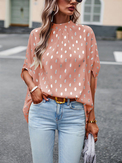 Loose Bandage Polka Dot Round-neck Blouses&shirts Tops