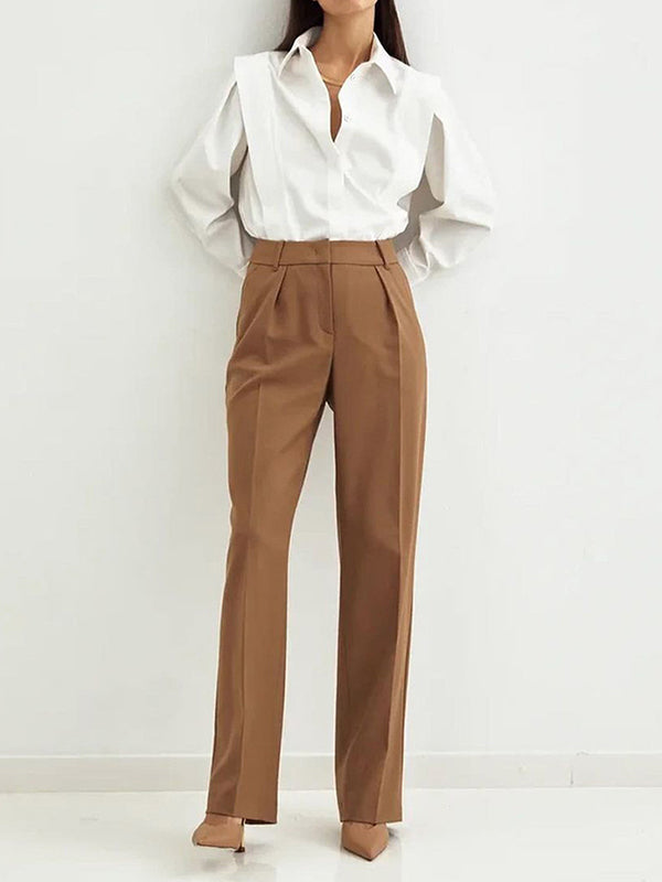 Long Sleeves Loose Buttoned Color Lapel Blouses&shirts Tops