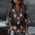 Women's Floral Embroidered Art Print Flowy Linen Blend Casual Tops elevenforest
