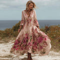 Vintage Boho Roses Print V Neck Long Sleeve Flowy Maxi Dress elevenforest