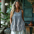 Lace Floral Art Linen Sleeveless Tank Top elevenforest