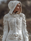 Comstylish Vintage White Roses Skull Skeleton Hooded Cozy Knit Sweater