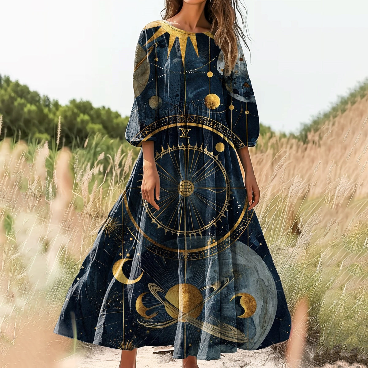 Women's Planet Universe Pattern Art Print Cotton Crew Neck Dress