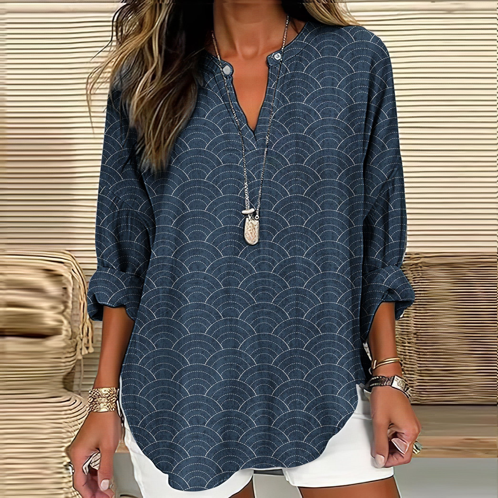 Comstylish Japanese Wave Art Linen Blend Tunic