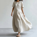 Vintage Crew Neck Cotton Linen Maxi Dress elevenforest