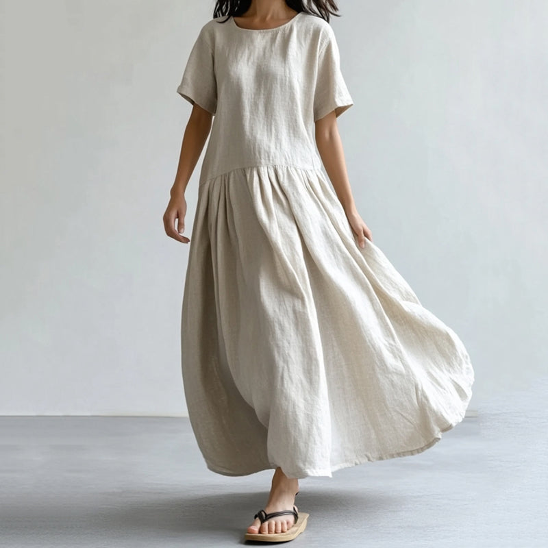 Vintage Crew Neck Cotton Linen Maxi Dress elevenforest
