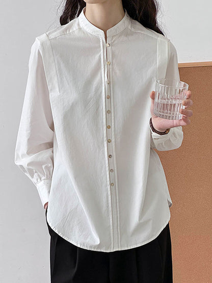 Long Sleeves Loose Buttoned Split-joint Round-neck Blouses&shirts Tops