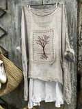 Vintage Tree Embroidered Frayed Fiber Art Linen Blend Tunic elevenforest