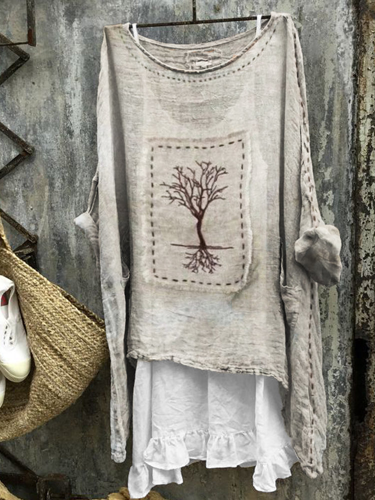 Vintage Tree Embroidered Frayed Fiber Art Linen Blend Tunic elevenforest
