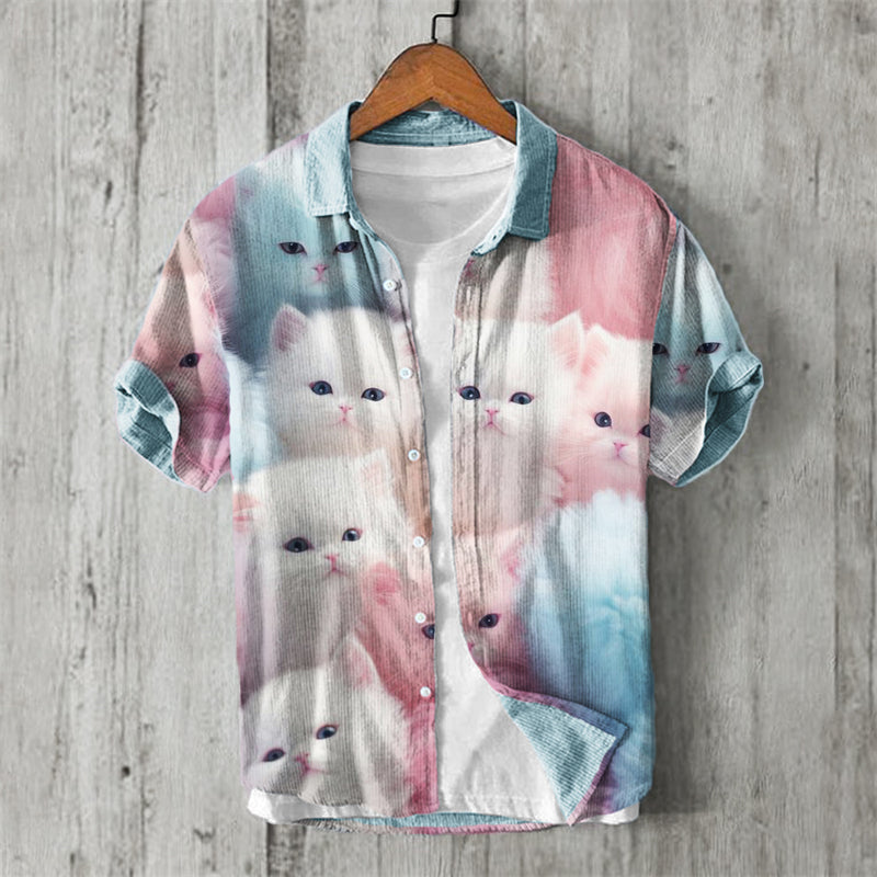 Comstylish Trans Flag Color Fuzzy Cats Pattern Linen Shirt