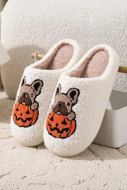 White Halloween Fuzzy Dog Pumpkin Slippers