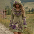 Classy Gradient Purple Lavender And Floral Art Cozy Knit Mini Hooded Dress elevenforest