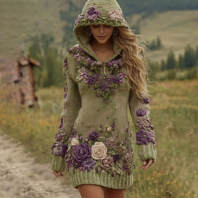 Classy Gradient Purple Lavender And Floral Art Cozy Knit Mini Hooded Dress elevenforest