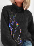 Classy Glitter Cat Rhinestone Cozy Turtleneck Sweater elevenforest