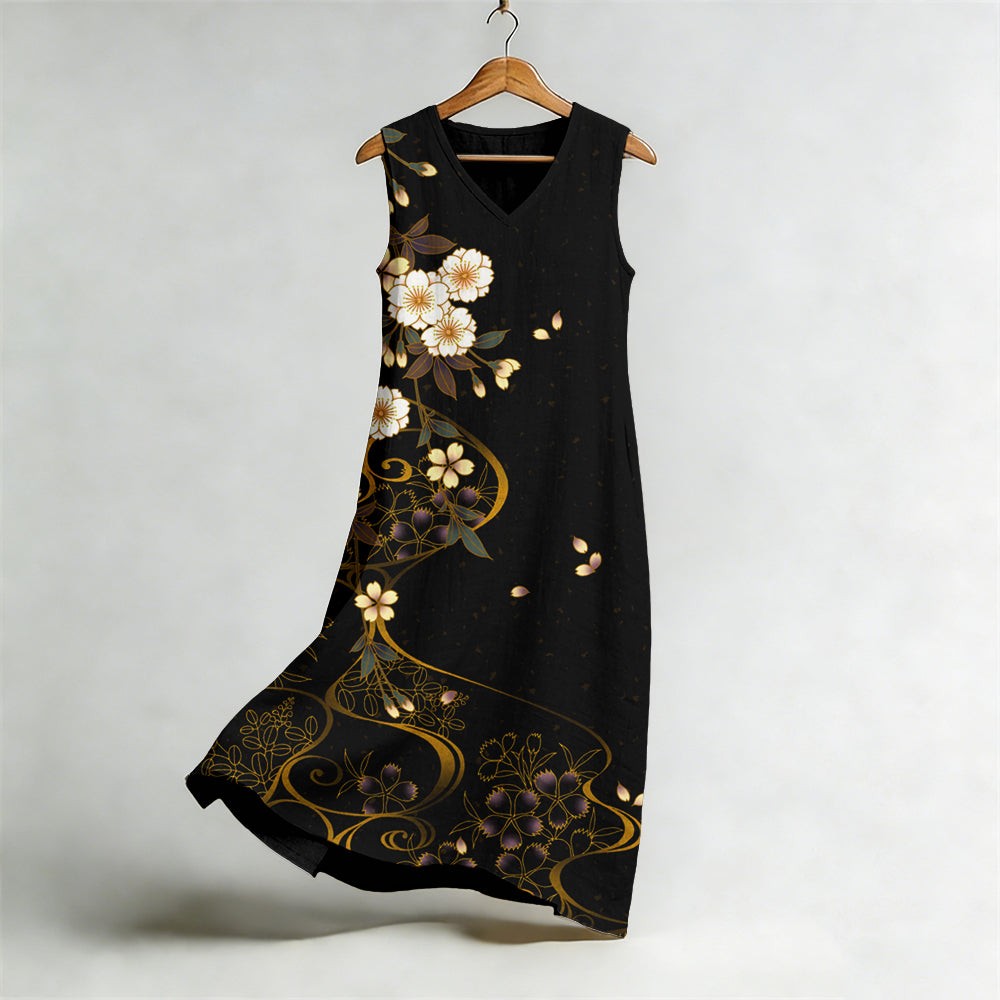Japanese Cherry Blossoms Art Flowy Linen Midi Dress elevenforest